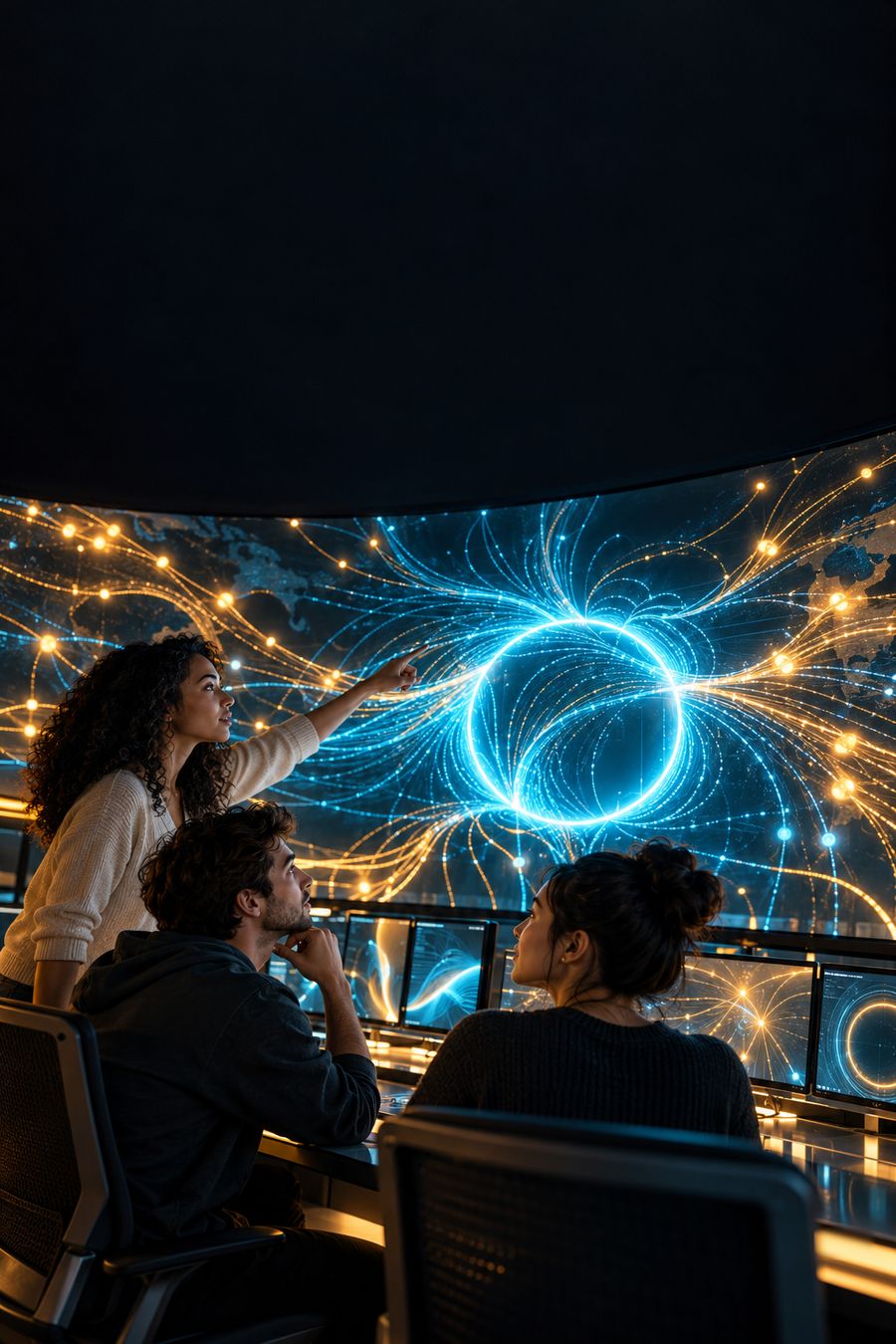 A small team in a dark control room at night, lit by a huge glowing cyan ring of light on the wall screen with gold light pouring in from the edges