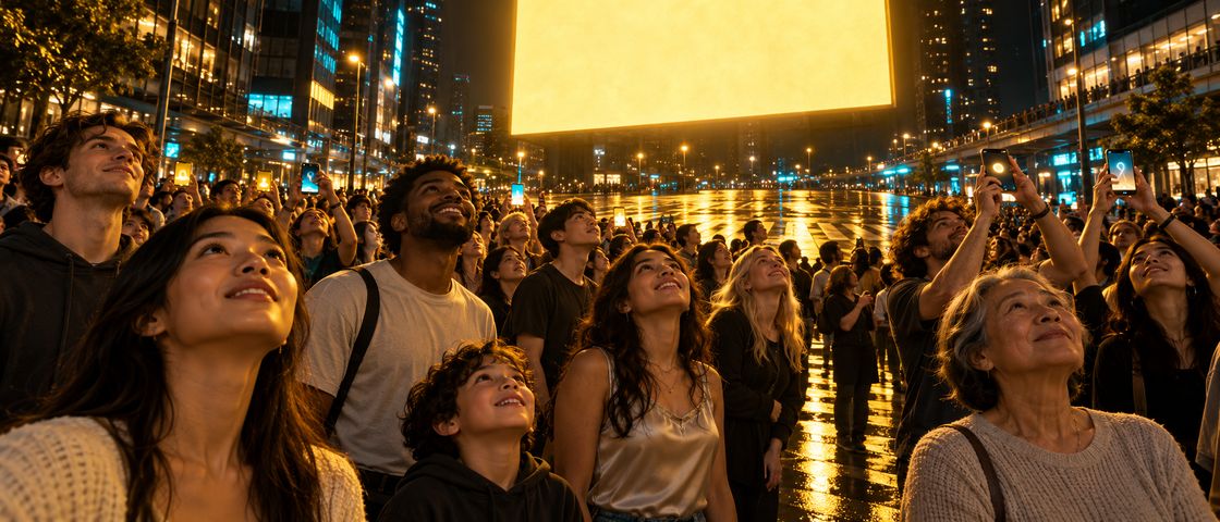 A crowd on a city street at night looking up, faces lit gold by a huge glowing screen