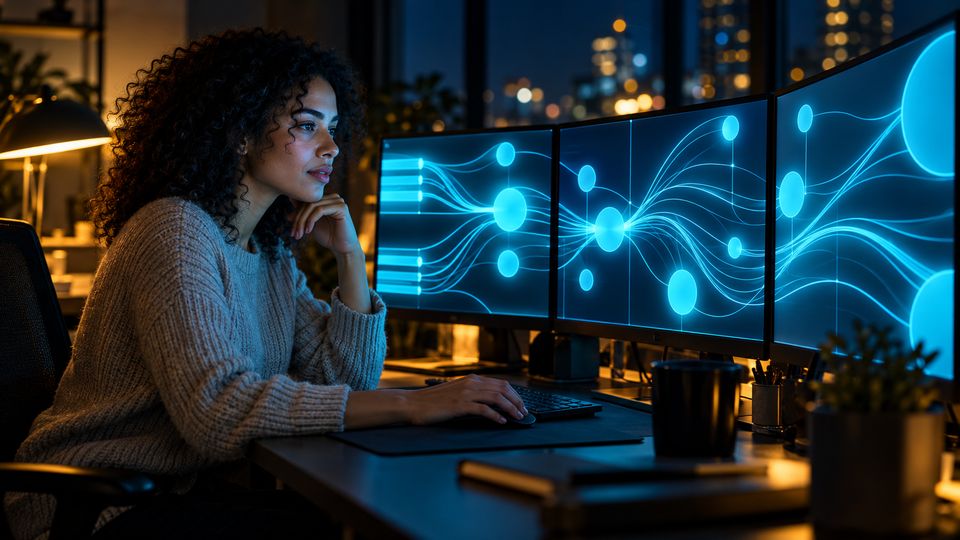 A woman at three glowing cyan monitors showing branching light lines in a dark room