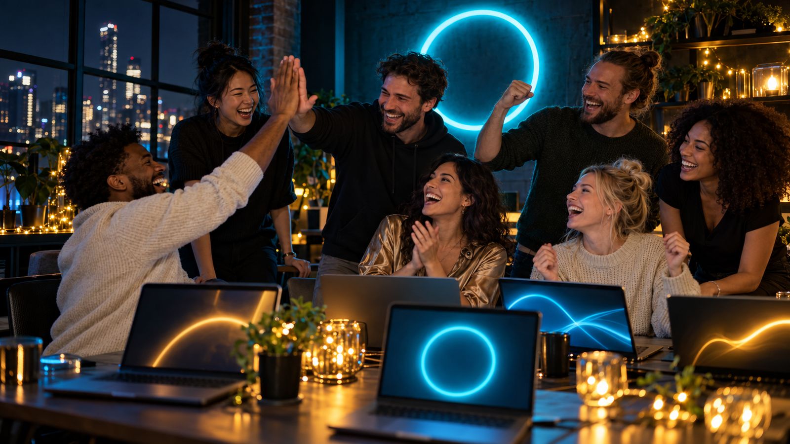 A diverse team celebrating together in a dark loft lit by a cyan light ring and warm gold lights