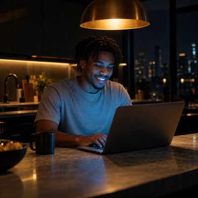 A smiling man building a simple web page on a laptop at a kitchen counter at night