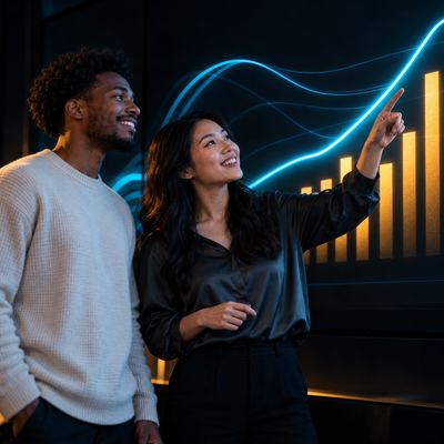 Two colleagues pointing at a rising glowing line on a large wall screen