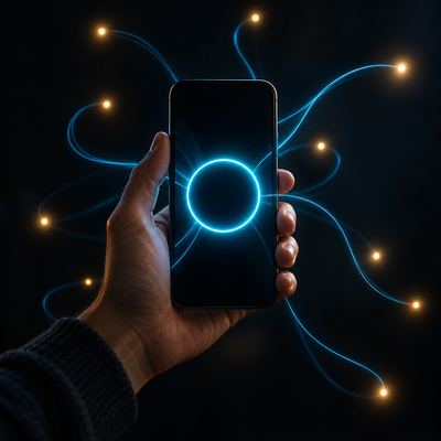 A hand holding a phone with streams of cyan light curving out of it