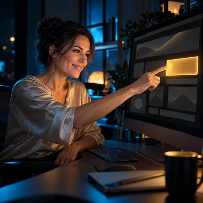 A woman pointing at a glowing gold ad slot on her own website