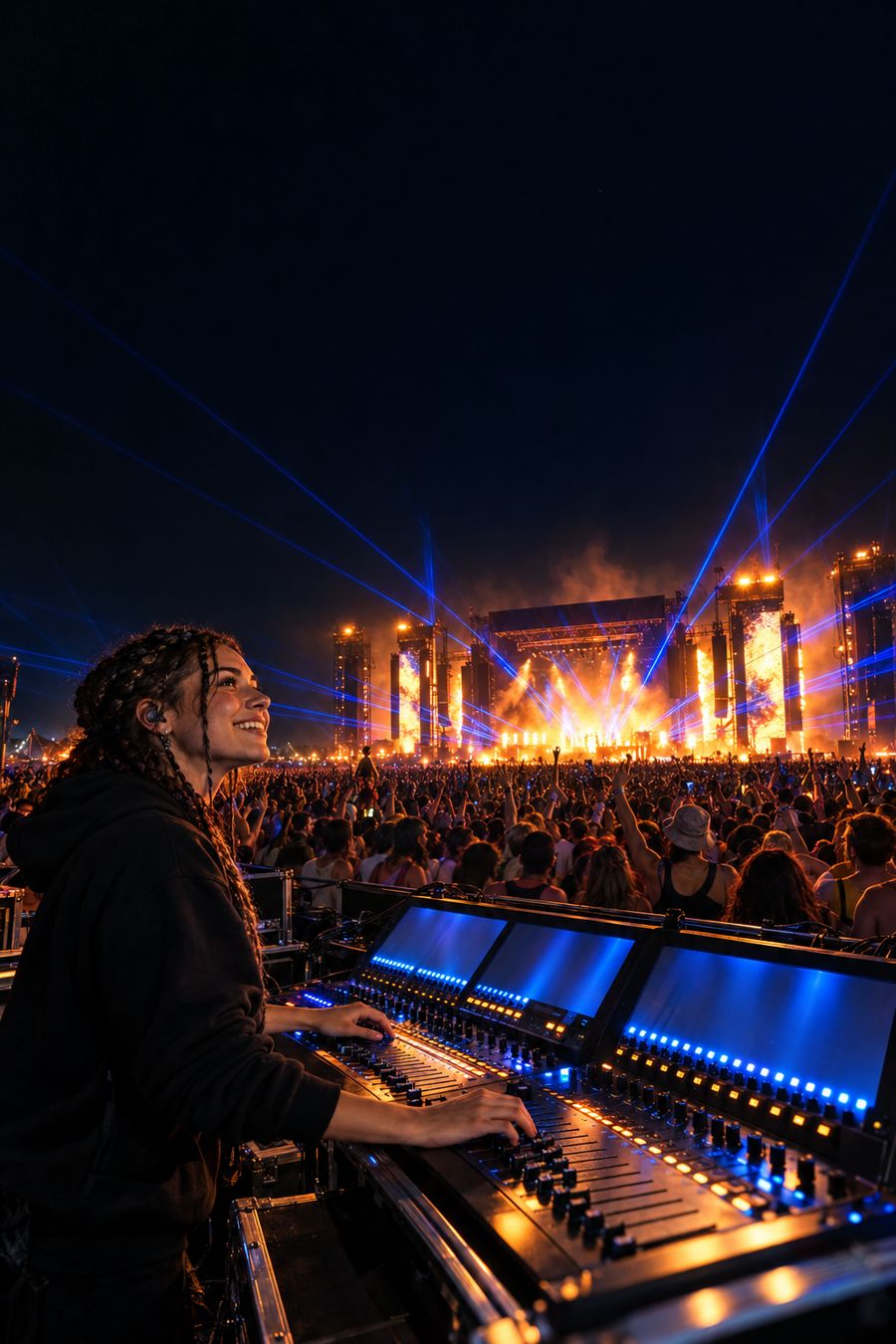 A sound engineer at a glowing mixing desk at a night festival, a huge crowd and blue laser beams beyond her