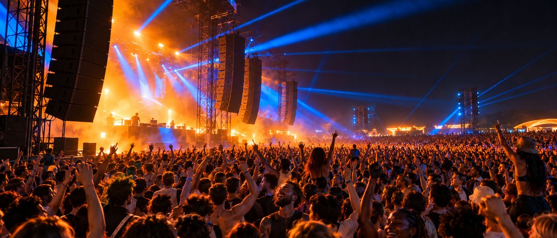 Huge speaker stacks beside a festival stage and a crowd jumping with their arms up, lit amber