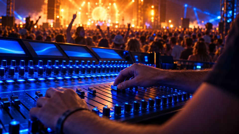 A sound engineer's hands pushing a fader on a mixing console glowing blue
