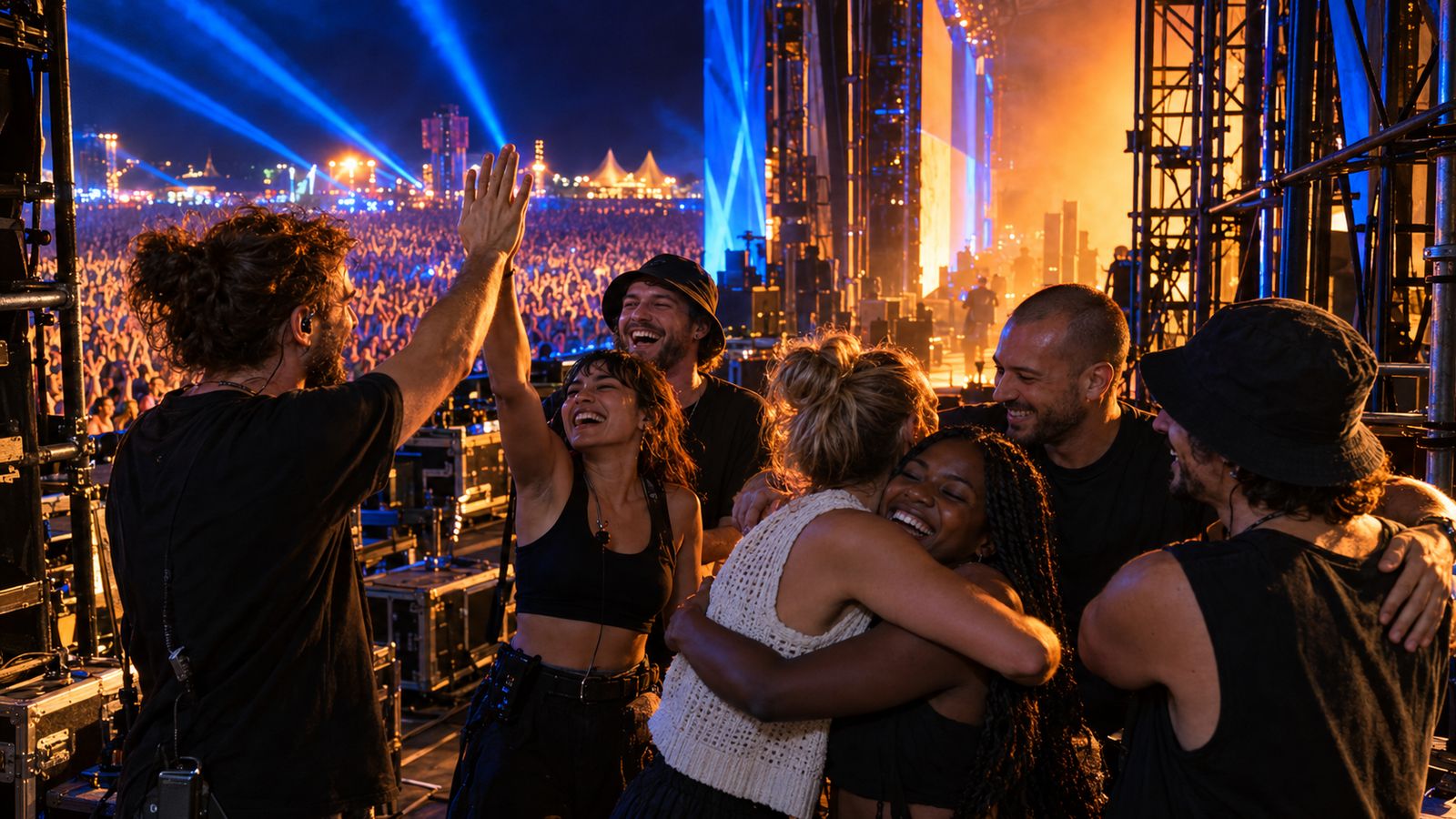 Festival crew and friends celebrating together at the side of the stage under blue and amber light