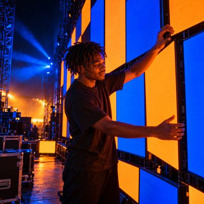 A lighting designer arranging glowing panels on a video wall backstage