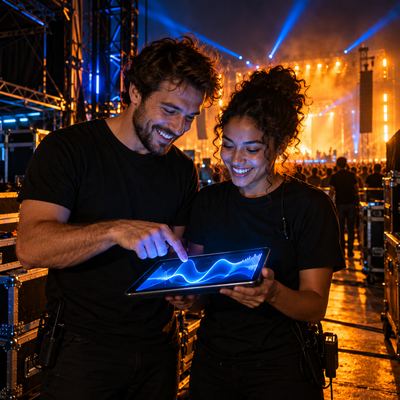 Two festival crew members looking at glowing blue curves on a tablet