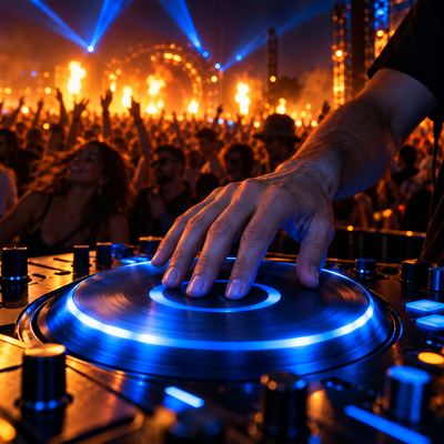A hand on a glowing blue DJ jog wheel