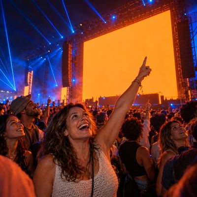 A woman in a festival crowd pointing up at a big glowing amber screen