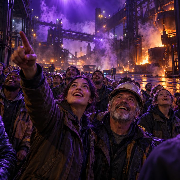 Excited workers at a factory gate look up and point at the violet light