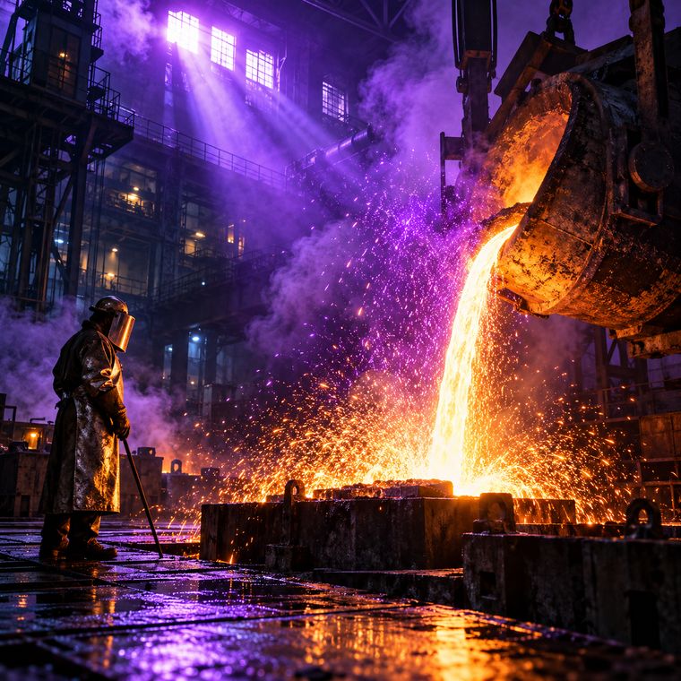 Molten metal pours in a foundry, sparks turning from gold to violet