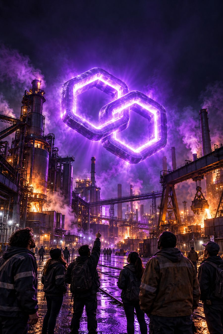 A crowd in a steel-mill yard at night looks up at a giant glowing violet chain-link light over the foundry