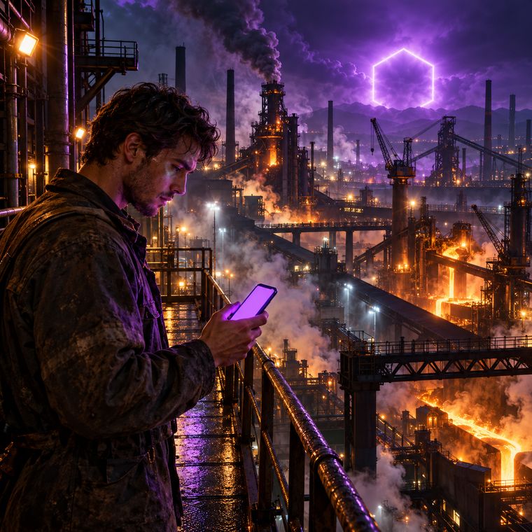 A man on a steel catwalk above the mill checks his phone, violet light on the skyline