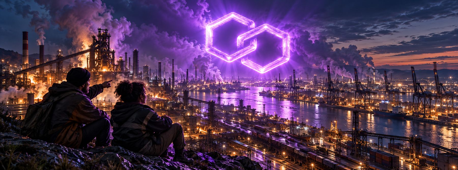 Two people on a hillside point at the violet light glowing over an industrial harbour city