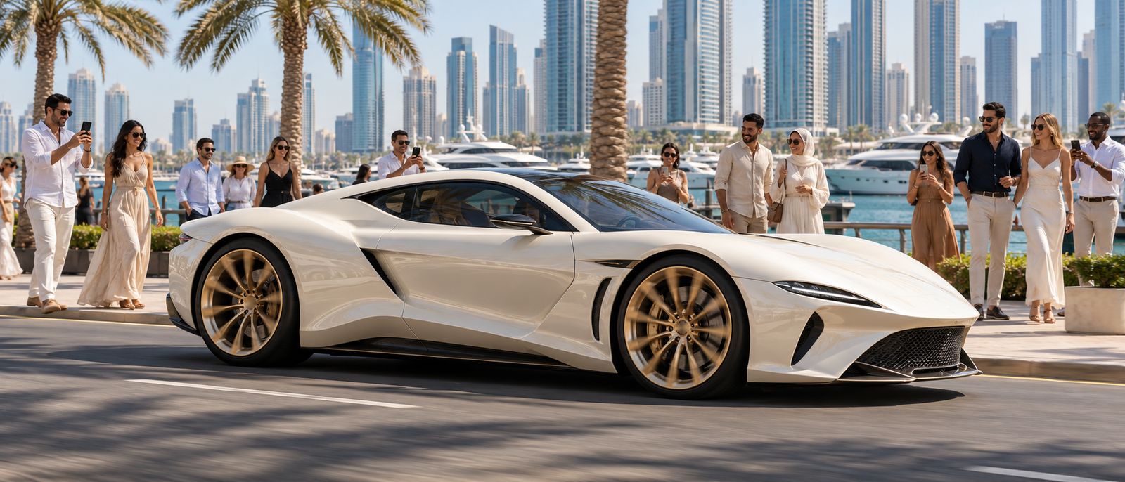 The pearl-white car rolling along a palm-lined waterfront boulevard as a crowd turns to watch