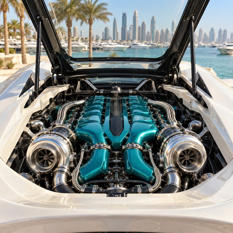 A polished turquoise twin-turbo engine in a pearl-white engine bay in sunlight