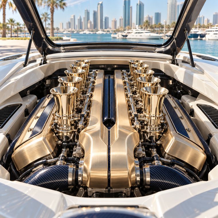 A polished champagne-gold performance engine in a pearl-white engine bay in sunlight