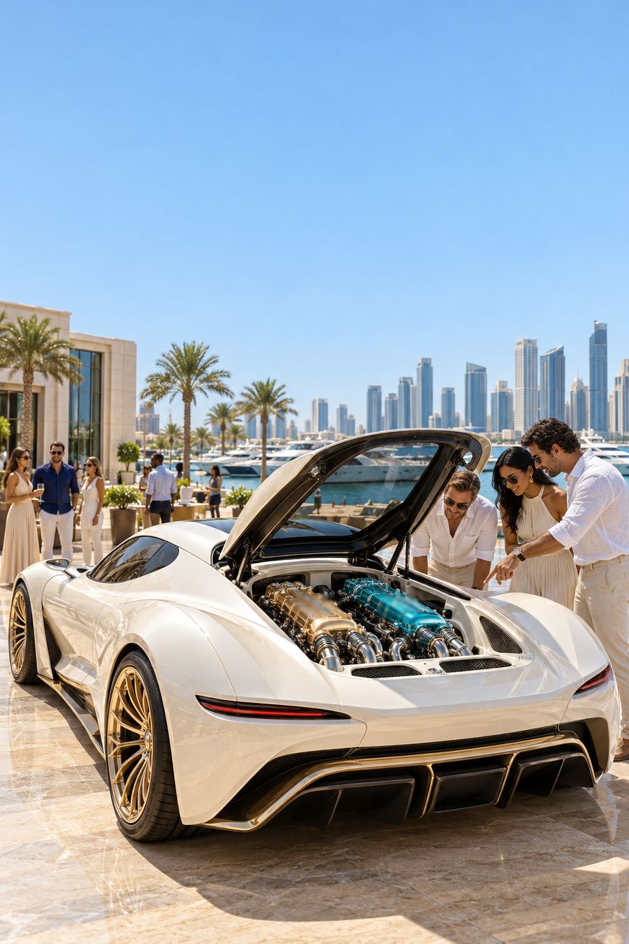 A pearl-white grand tourer in a sunlit waterfront hotel forecourt with its rear glass cover raised over two engines, one gold and one turquoise, while well-dressed people admire it