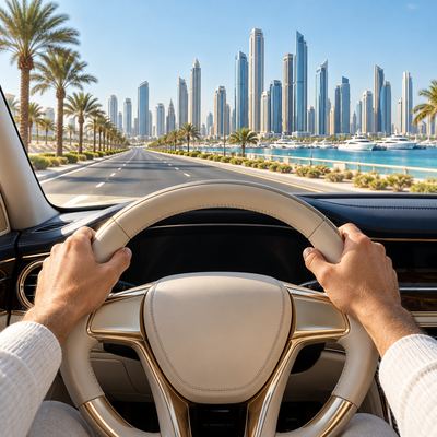 Hands on a cream leather steering wheel, a desert highway leading to a glass skyline ahead