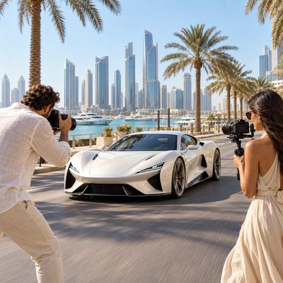 A photographer and videographer filming a white car on a palm-lined boulevard