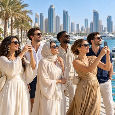 Well-dressed people on a sunny waterfront turning to admire something