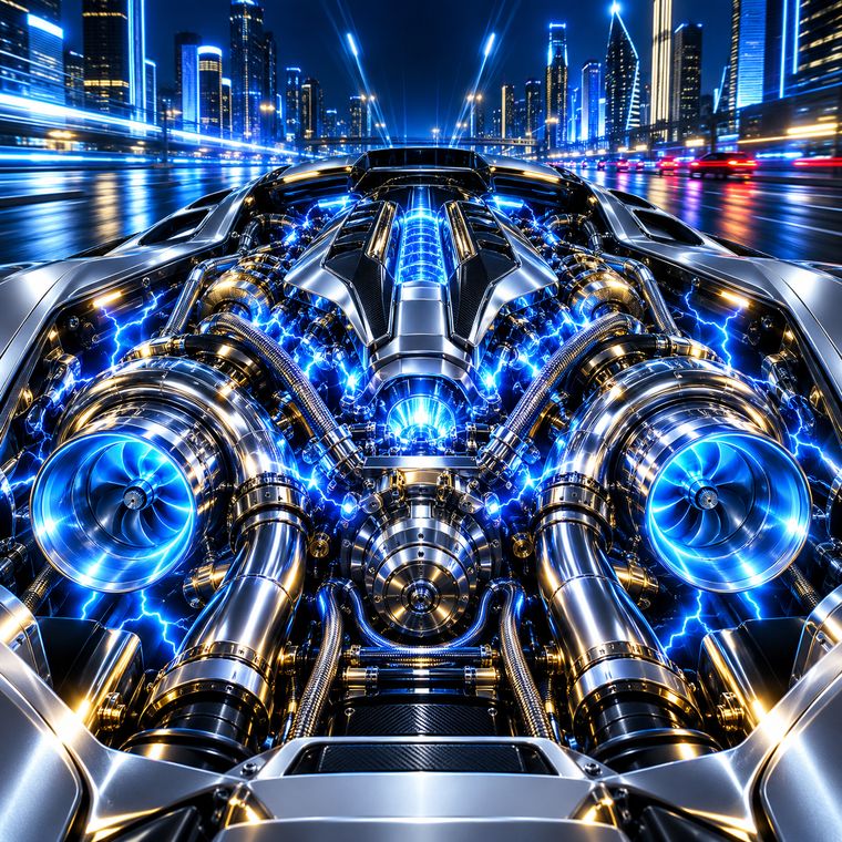A chrome twin-turbo racing engine glowing electric blue