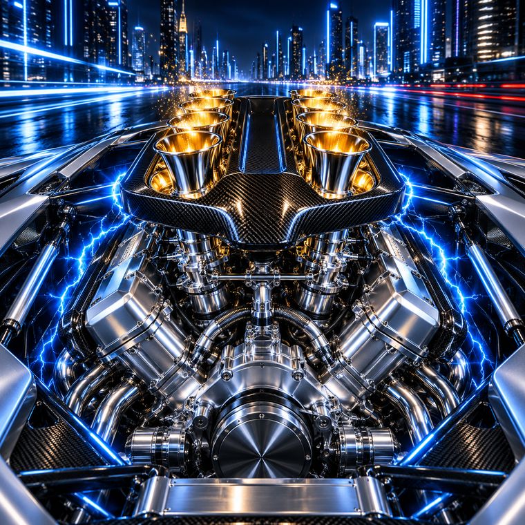 A chrome racing engine with tall intake stacks glowing gold