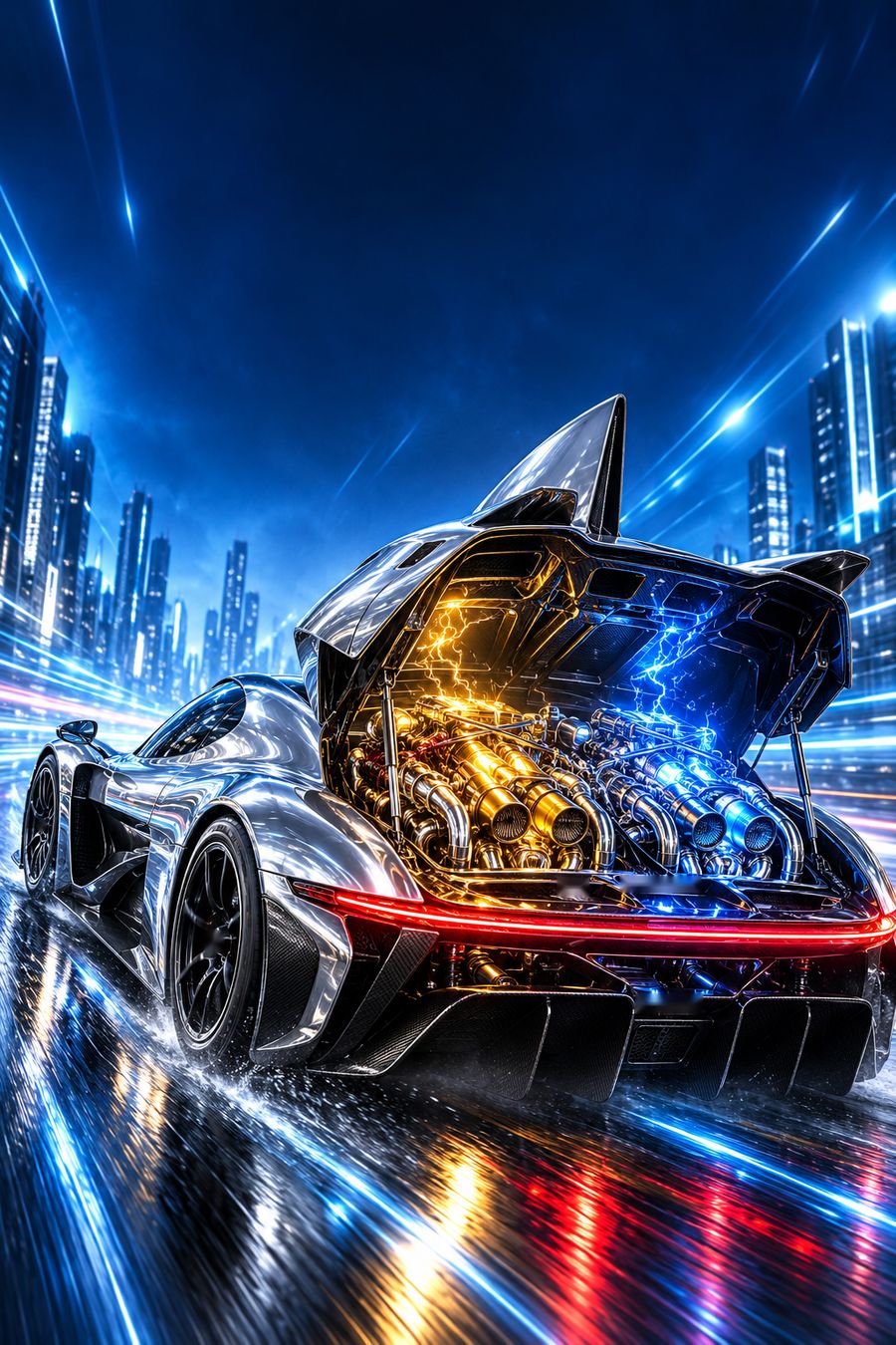 A silver shark-fin hypercar at night on a wet city road with its rear bodywork raised, showing two glowing chrome engines inside, one gold and one electric blue