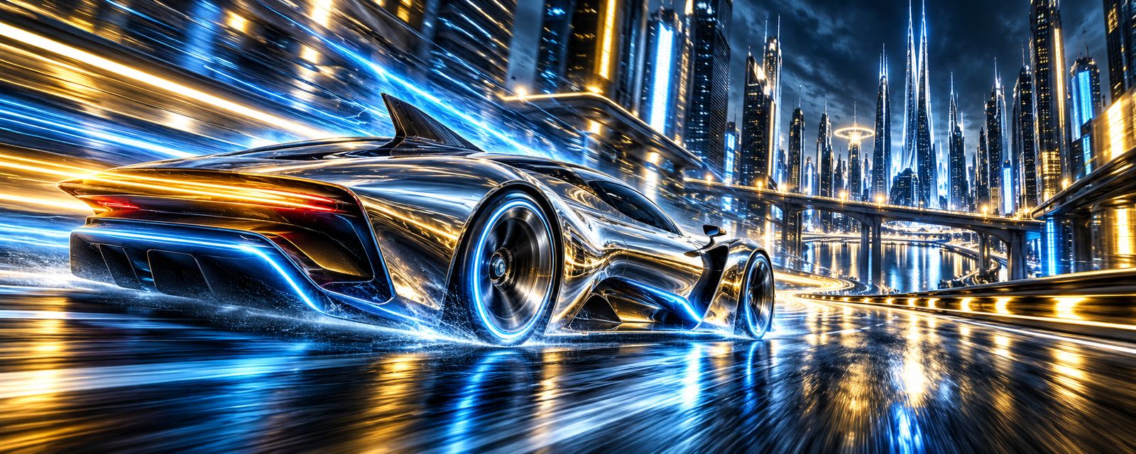 The silver hypercar racing along a neon city highway at night with gold and blue light trails