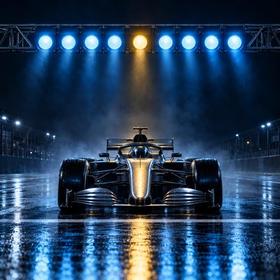 Race start lights glowing blue and gold over a car on the line