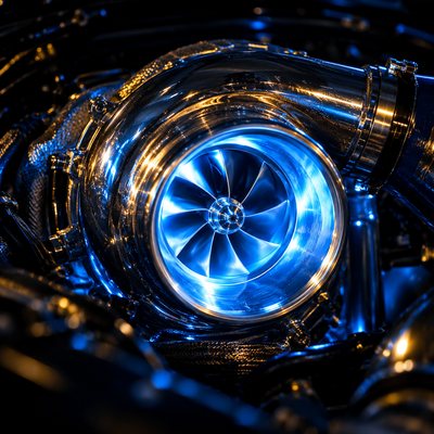 A chrome turbo glowing electric blue