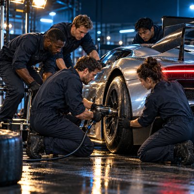 A pit crew working together on a silver car at night