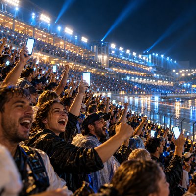 A night-race grandstand crowd cheering under floodlights